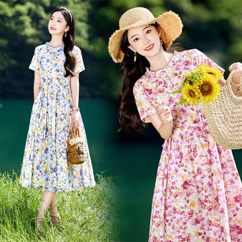 粉色纯棉碎花连衣裙女中长款2026夏新款收腰显瘦减龄气质短袖裙子，女装连衣裙，倪叶myz