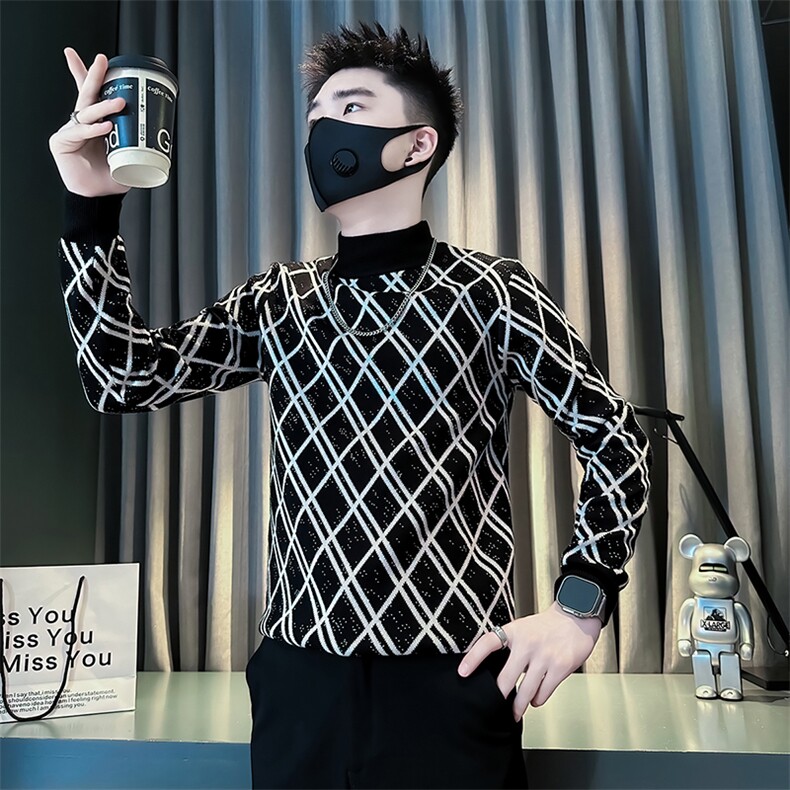痞帅炸街男士半高领套头格子毛衣社会小伙店主风301C-M77P78控108图片
