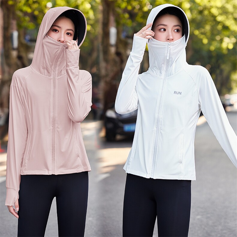 现货2024新款韩版休闲甜美冰凉透气遮阳帽长袖防晒衣休闲瑜伽服，女装防晒衣，星宇服饰