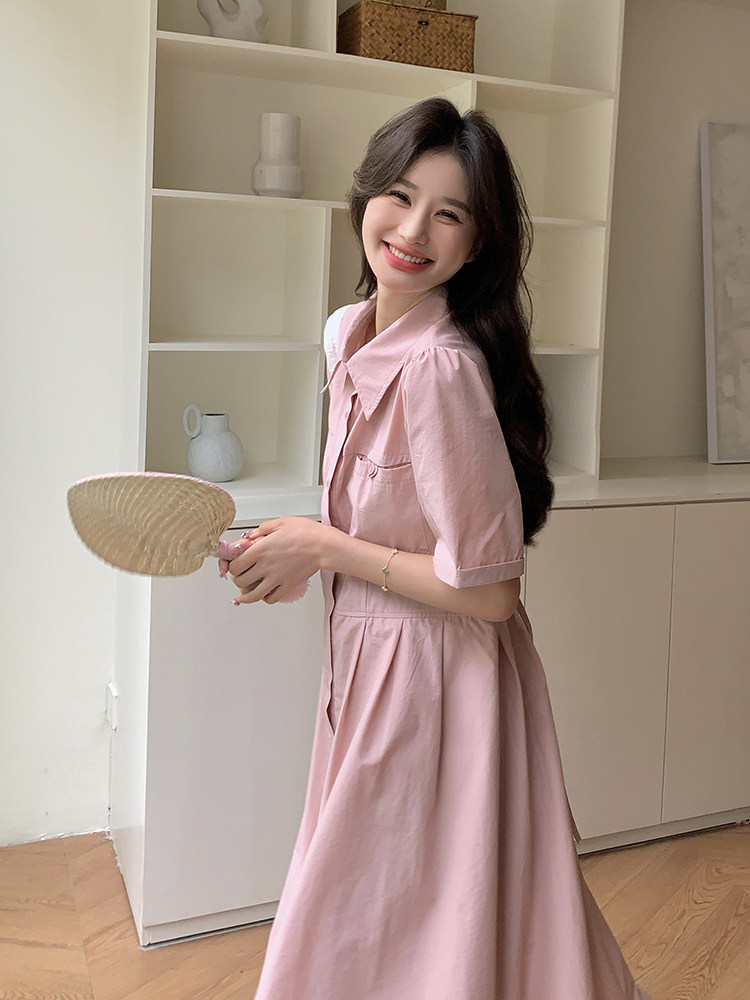 法式温柔风压褶衬衫连衣裙女2025夏季新款韩版收腰显瘦甜美a字裙,女装连衣裙,浪娴服饰