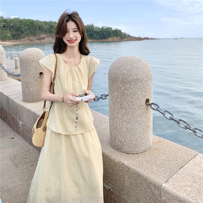 假两件清冷感纯色连衣裙女装夏季新中式无袖背心法式浪漫修身,女装连衣裙,维壹