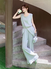 休闲气质盐系浅灰色无袖上衣阔腿裤套装女夏季ootd穿搭减龄两件套，女装套装/套裙，蝶眷