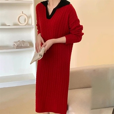 2025年秋季新款百搭女士衬衣领麻花保暖长裙，女装连衣裙，新胜羊绒