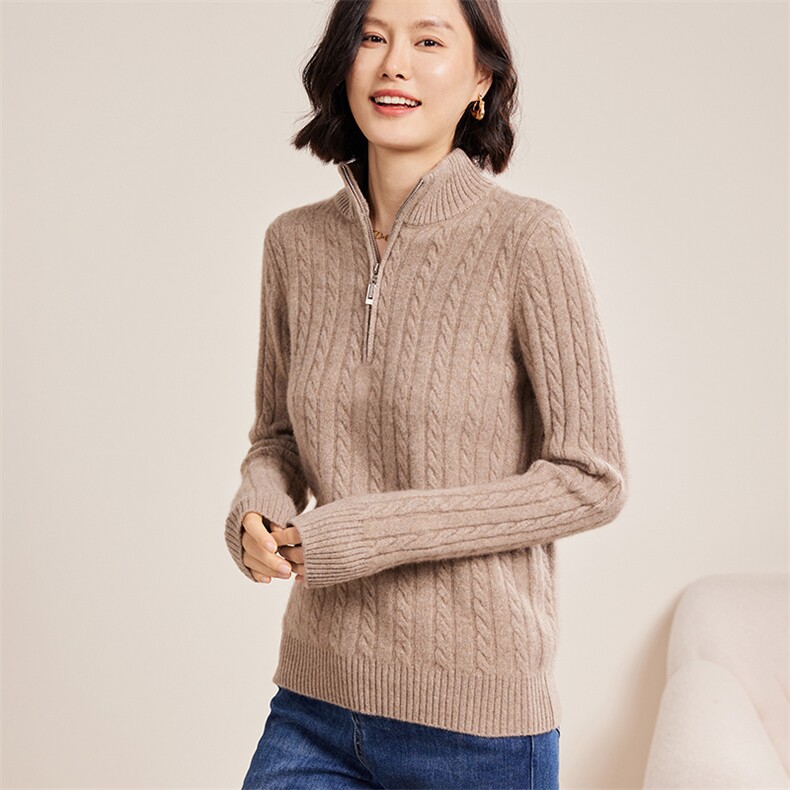 时尚百搭七针麻花半拉链女士秋冬羊绒衫30%羊绒,女装羊绒衫,名驰羊绒
