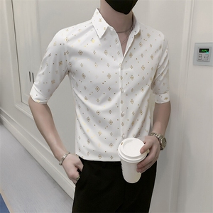 店主风社会小伙男士七分袖衬衫男修身印花衬衣301A-1/CS353/P55