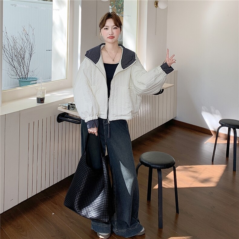 米白色韩系格子拼接棉服外套女冬季2025新款气质减龄棉衣爆款棉袄,女装棉衣/棉服,慧尚依恋