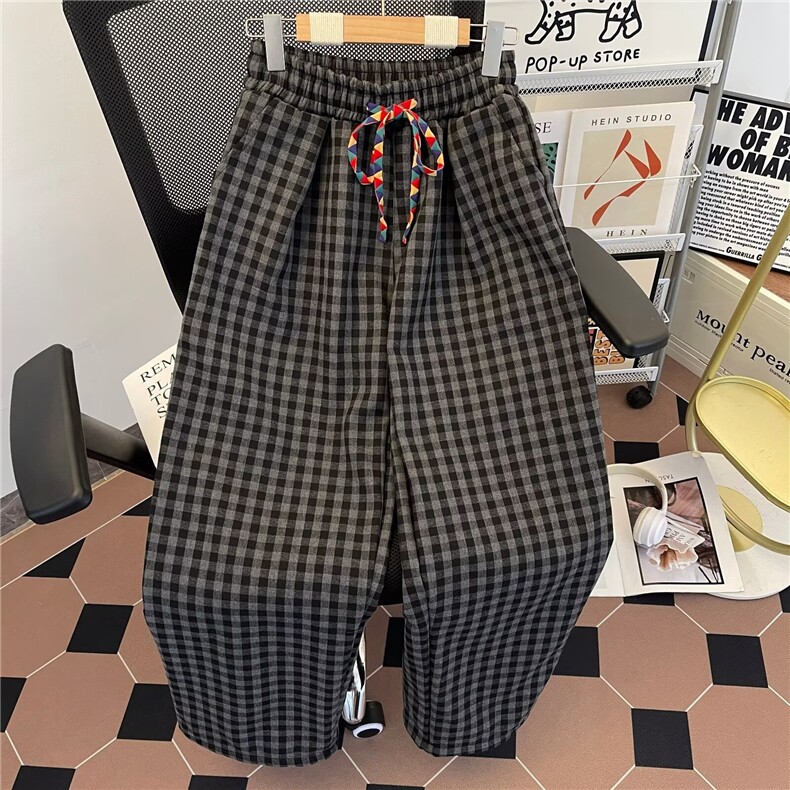 加绒黑白格子裤男秋冬慵懒风街头潮牌宽松青少年直筒2812P43,男装卫衣,星座410-2