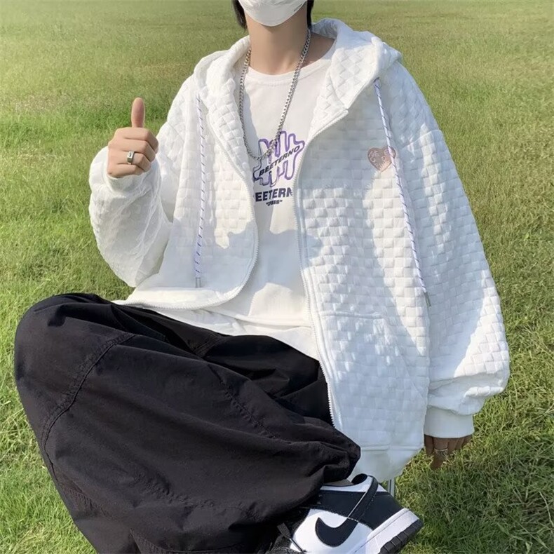 早秋装新款连帽卫衣女宽松华夫格韩版百搭设计感长袖开衫外套，女装短外套，星座1013