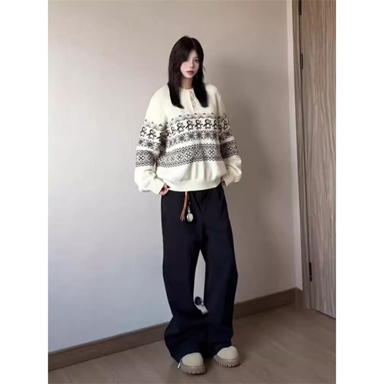 费尔岛复古花纹毛衣女秋冬慵懒风企鹅提花圆领针织衫宽松休闲上衣,男装针织衫/毛衣,星座516A
