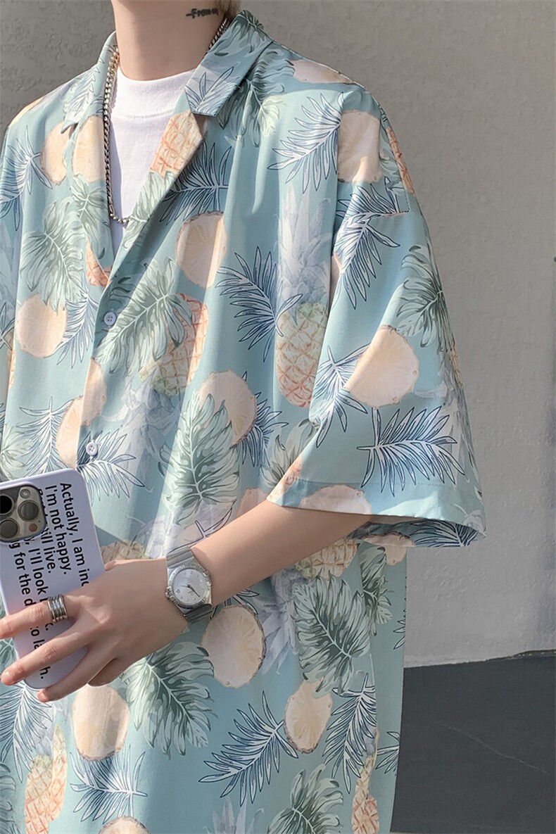 8XL-M冰丝凉感衬衣垂感透气复古花纹宽松男五分袖短袖衬衫CS526,男装T恤,电商D206-1