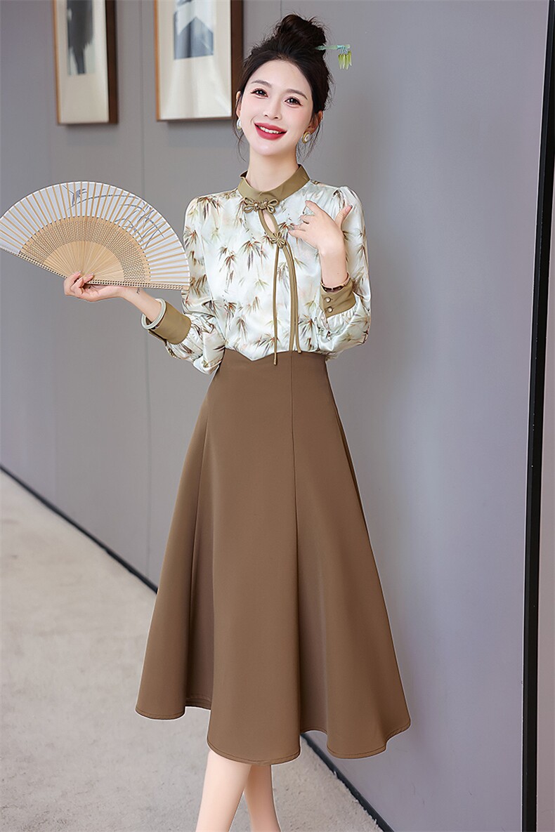 新中式国风职业套装女2024春秋新款气质高腰改良旗袍半身裙两件套,女装套装/套裙,火爆靓佳人