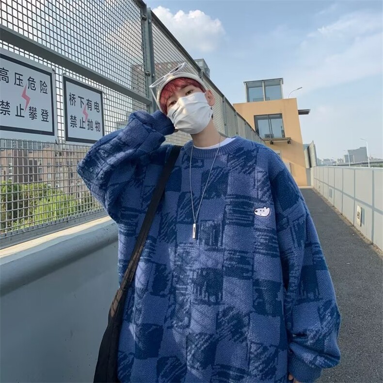 2023秋冬刺绣卡通格子毛衣男新款复古宽松针织衫上衣M738-P40,男装针织衫/毛衣,星座512-3