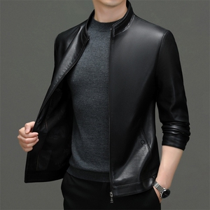 皮衣中青年男士秋冬季休闲机车服新款商务立领加绒皮夹克外套男装图片