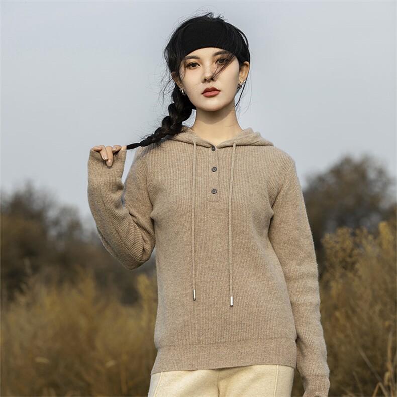 新款套头连帽针织衫宽松短款加厚慵懒风毛衣,女装羊毛衫,千御纺羊绒