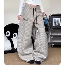 美式慵懒风横条纹垂感阔腿裤2026秋冬高腰显瘦女杏色直筒休闲长裤，男装休闲裤，星座506A
