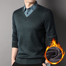 F81167主推品质商务休闲冬季厚款加绒中年男士假两件毛衣，男装针织衫/毛衣，钱塘207-1