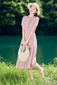 文艺绿色棉麻短袖连衣裙女2026夏季新款系带收腰气质减龄过膝长裙图片