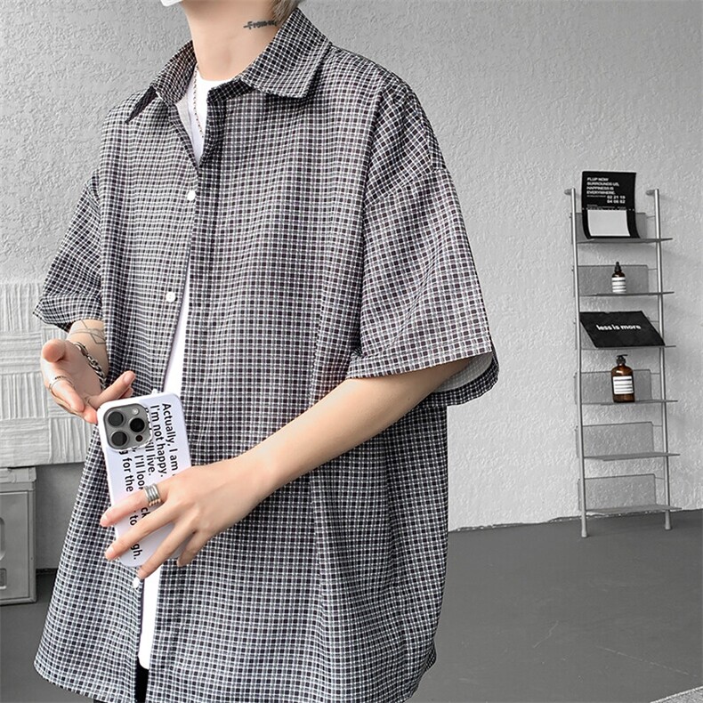 8XL-M短袖衬衫男夏宽松慵懒风痞帅条纹格子衫半袖外套DC28005P40,男装衬衫,电商B312