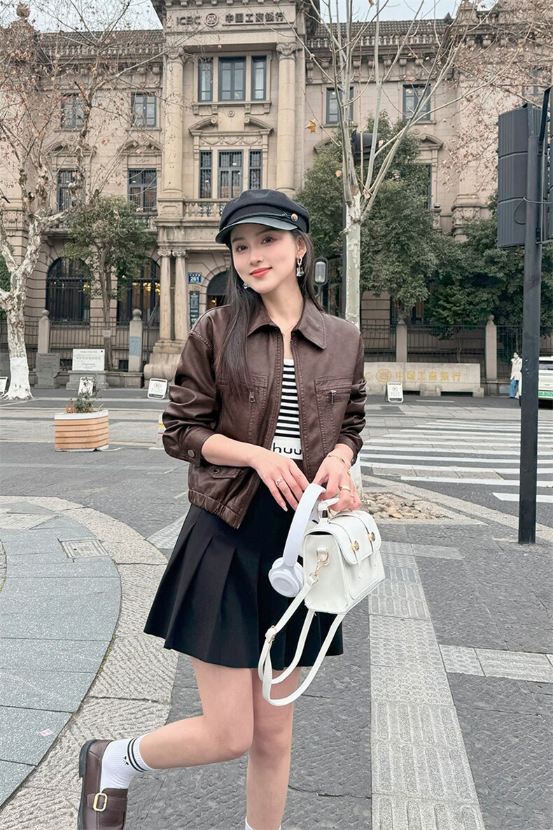 网红同款欧货新款复古泫雅风甜酷独特小众时尚皮外套女2024年春季,女装皮衣,江南女神