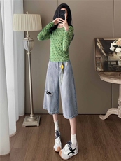 韩系减龄时尚套装女夏季新款绿色波点网纱上衣破洞牛仔中裤两件套，女装套装/套裙，江南