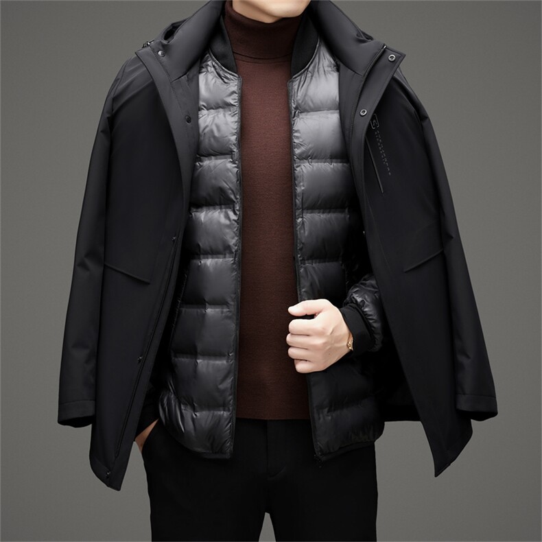 男士白鸭绒中长款可脱卸羽绒服冬季商务休闲保暖加厚中老年男外套图片