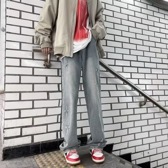 美式牛仔裤男潮牌春秋设计感星星阔腿裤子微喇裤潮 CSL02 P50图片