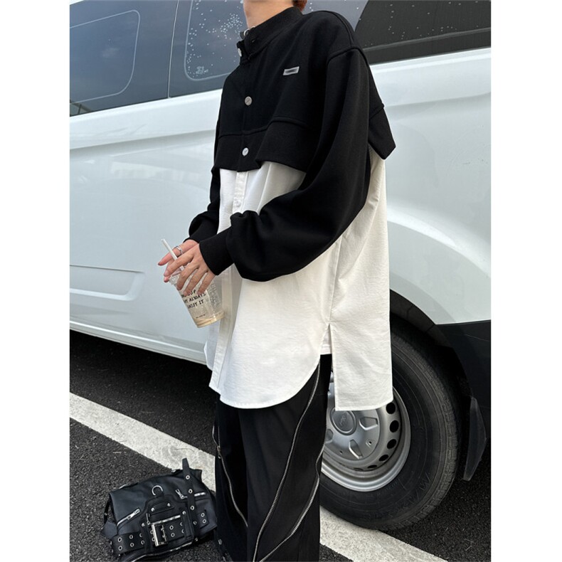 XZ1005-1-TTH0068-批60--设计感重磅垫肩假两件拼接衬衫,男装衬衫,星座1005-1