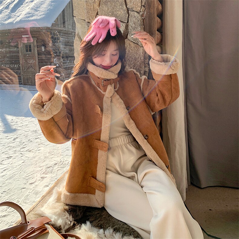 卡其色鹿皮绒羊羔毛外套2C170--8033--P205控298,女装短外套,2C170