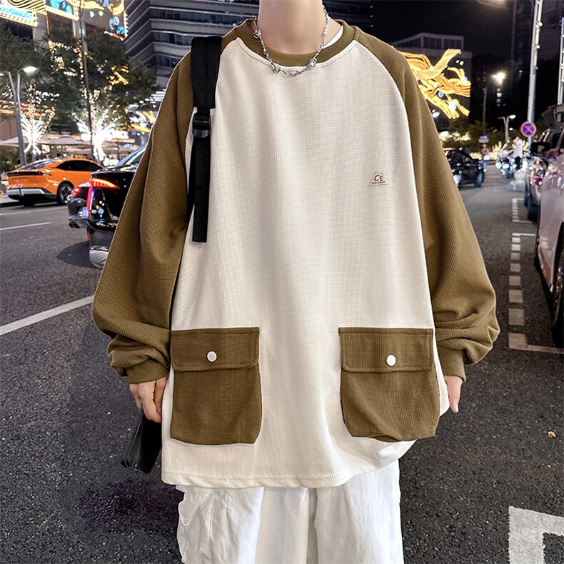 秋款男圆领套头卫衣工装大口袋华夫格贴标拼色T恤外套WY023 P50图片