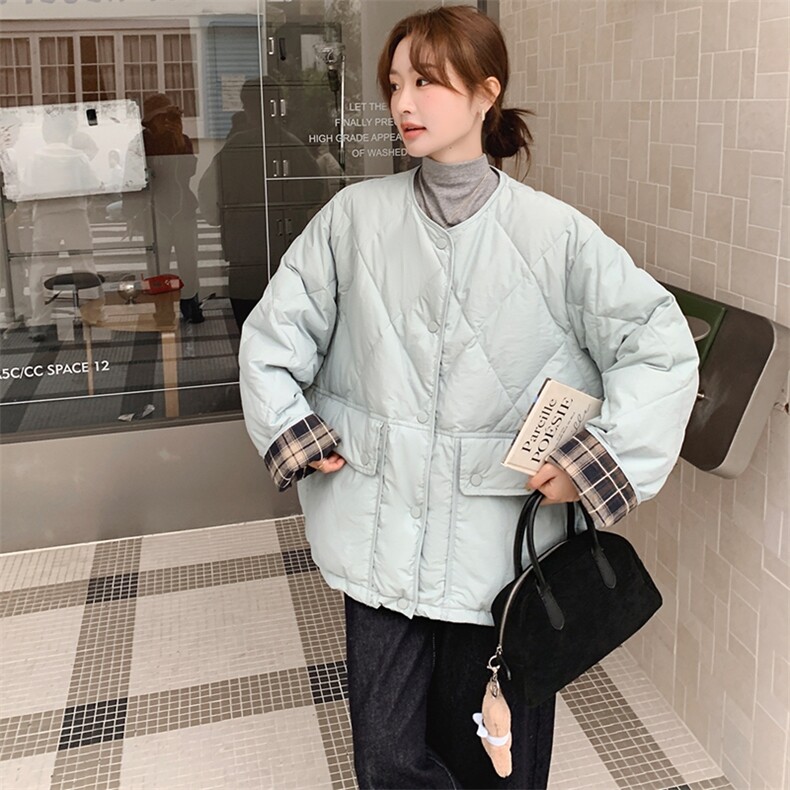 韩版时尚拼格纹轻薄款羽绒服女2025年冬季新款显瘦加厚白鸭绒外套,女装羽绒服,浙宝305