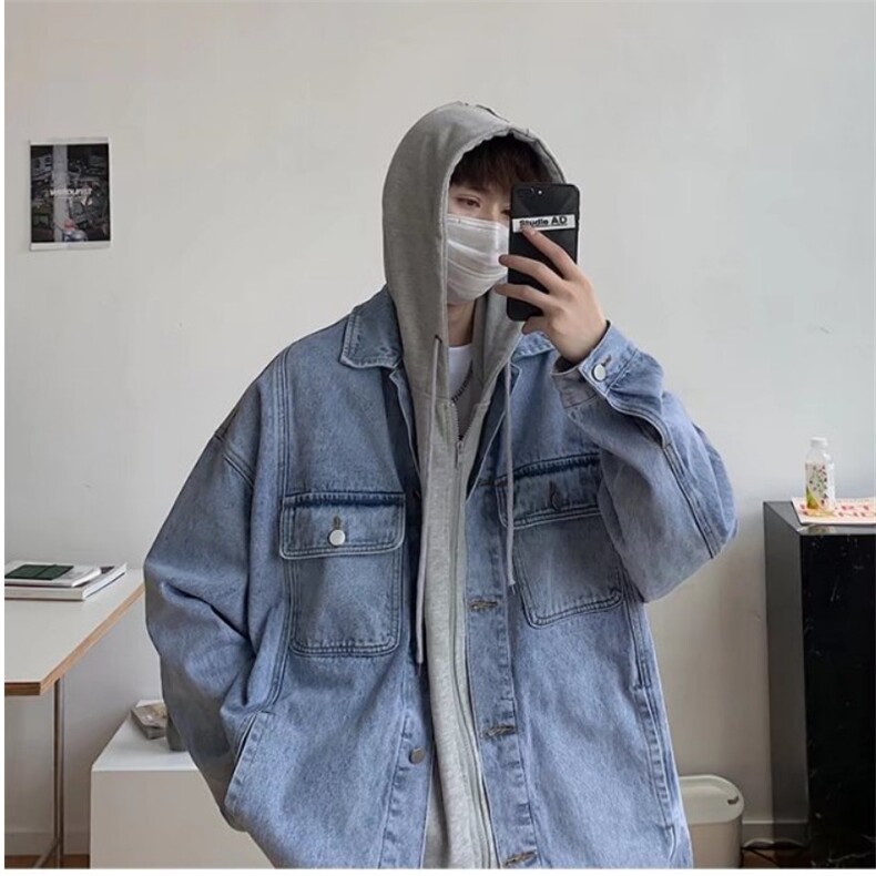 假两件牛仔外套男春秋季潮牌设计感夹克韩版潮流帅气百搭连帽上衣,男装工装外套,星座1210-1