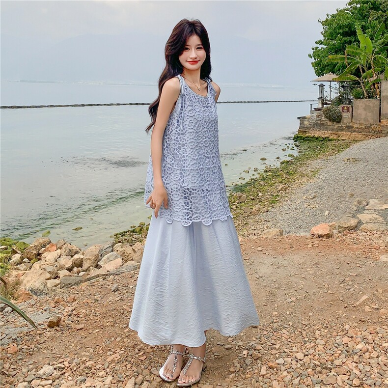 镂空蕾丝无袖吊带连衣裙女夏2025新款高级感法式超火千金风长裙,女装套装/套裙,2C133