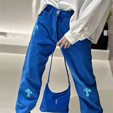 潮牌时尚潮流微喇冰洗直筒牛仔裤十字架贴皮宽松阔腿长裤-网图，男装皮裤，星座302B-2