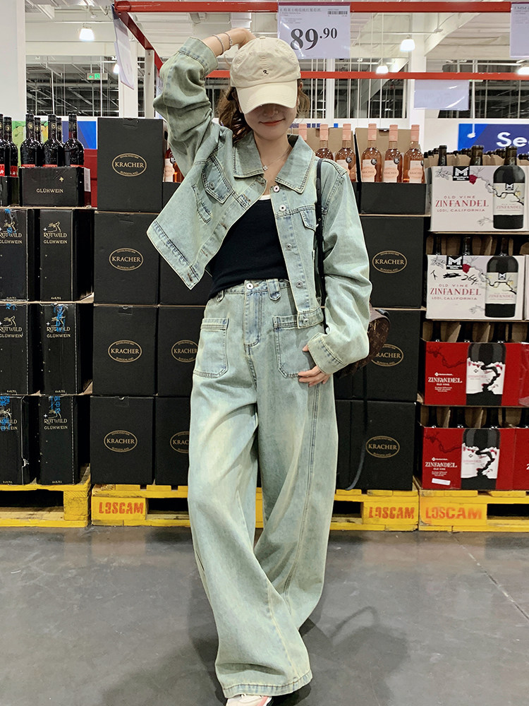 （新款现货）2026春装时尚休闲宽松牛仔外套阔腿裤套装（两件套）,女装套装/套裙,印象茜