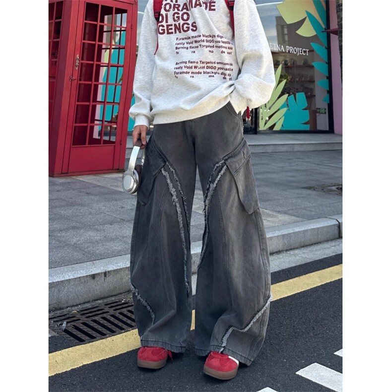 毛边破洞牛仔裤男痞帅炸街vibe风嘻哈水洗做旧宽松直筒裤NZX630图片