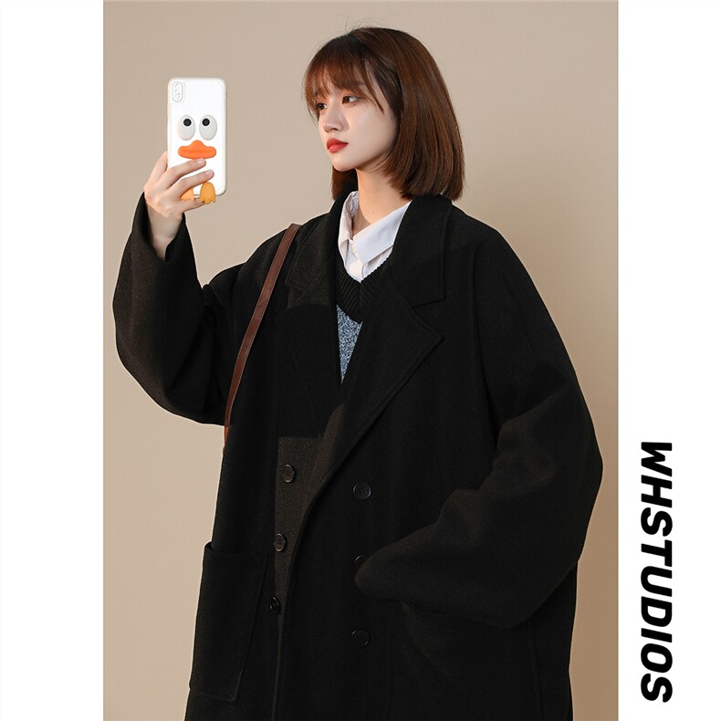 EY120韩范纯色垂感呢料大衣宽松学生2024新款冬装呢子外套女P98,女装短外套,电商C306-1