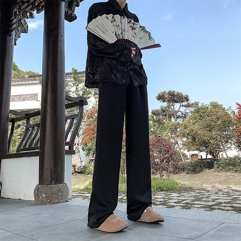 现货新中式风夏季休闲冰丝高级感垂感直筒西裤男KK433-P55,男装西裤,星座205