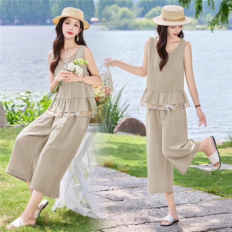 2026年夏季女休闲无袖拼接上衣＋高腰阔腿裤两件套,女装套装/套裙,歌伊格美