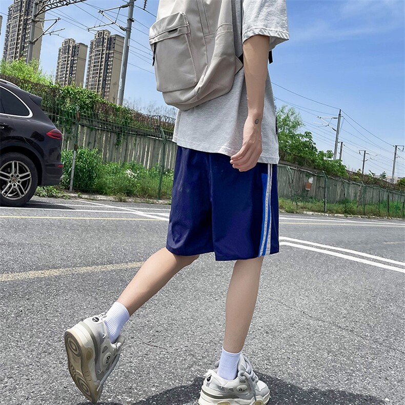 男士条纹拼接短裤夏季潮牌休闲宽松直筒运动五分裤,男装牛仔裤,星座410-7