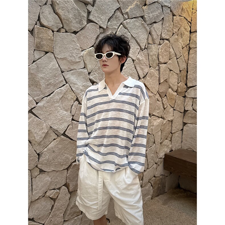 C316FSCSTX23P58夏装新款长袖T恤防晒服V领针织衫条纹宽松,男装防晒衣,电商C316