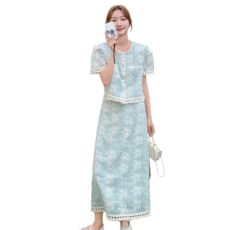 2025夏季新款法式重工刺绣套装裙女韩系复古显瘦上衣A字裙两件套,女装套装/套裙,2D045