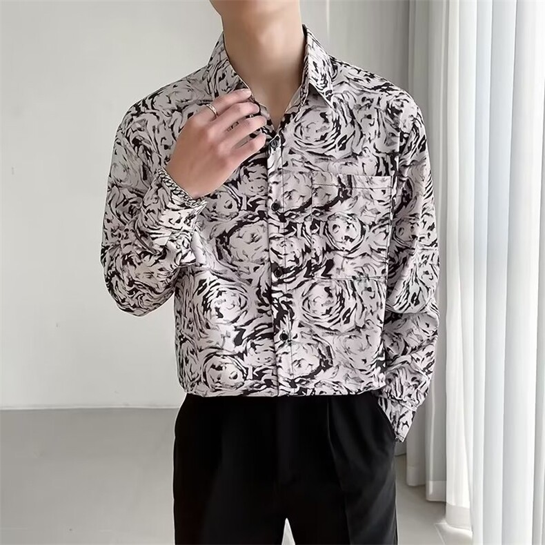美式复古花衬衫男春秋季印花炸街宽松痞帅慵懒长袖衬衣C646/35图片