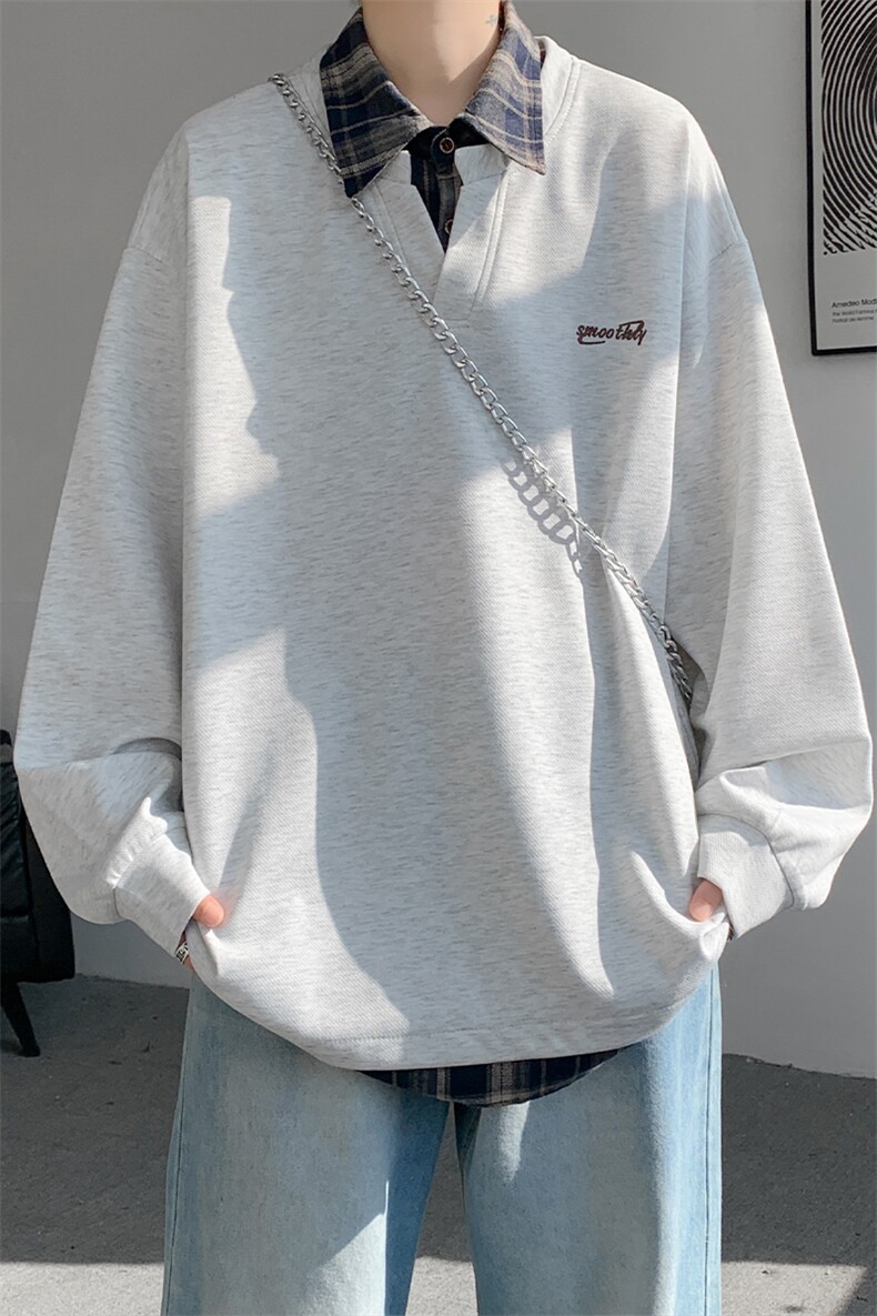 WY10109-特批40秋季撞色拼接假两件高级感衬衫领男大码卫衣,男装衬衫,电商A059