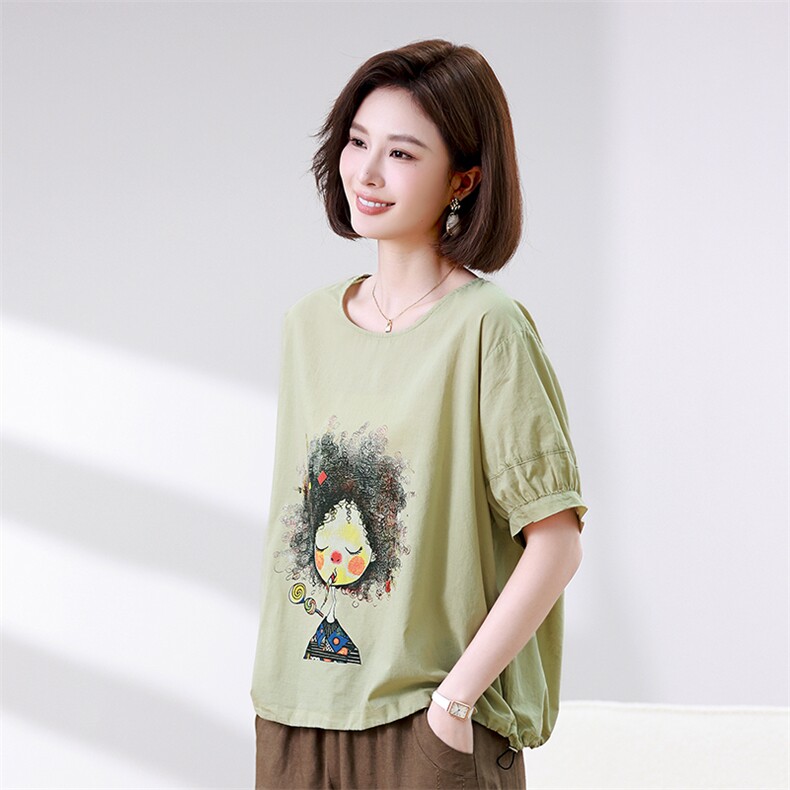 时尚宽松短袖T恤女夏季新款卡通印花上衣百搭休闲女装衬衫,女装衬衫,叶笙衣