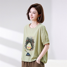 时尚宽松短袖T恤女夏季新款卡通印花上衣百搭休闲女装衬衫，女装衬衫，叶笙衣