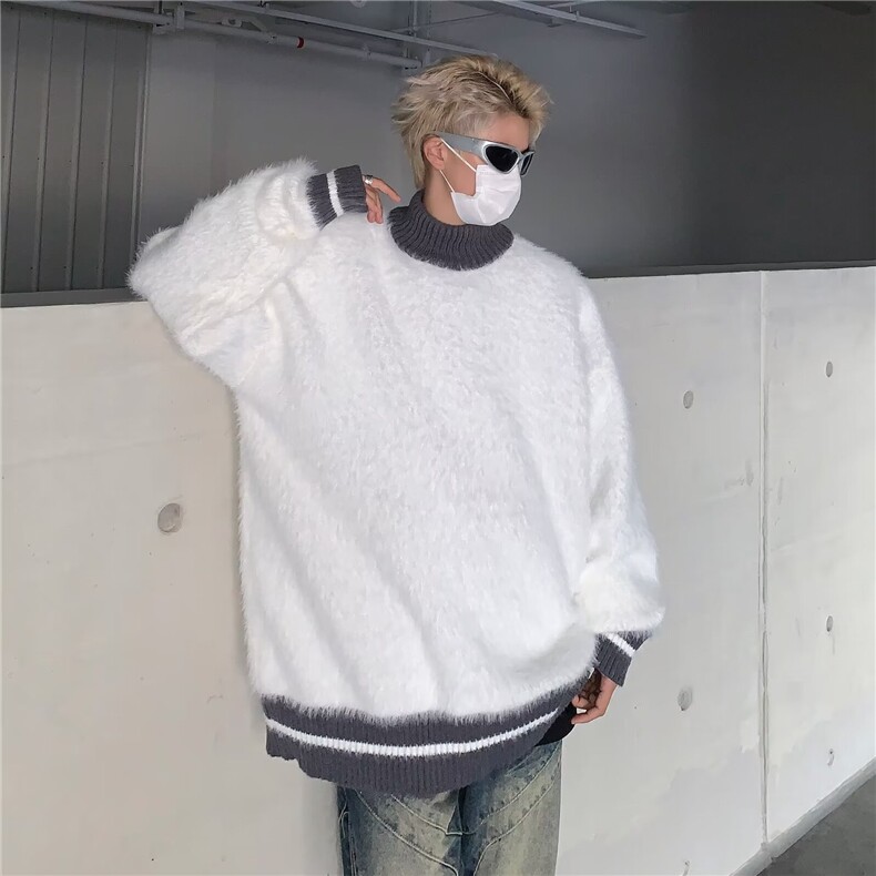 半高领条纹毛衣男冬季马海毛慵懒风针织衫潮牌宽松高级感外套,男装针织衫/毛衣,星座410-6（原星座1304-1）