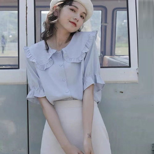 法式娃娃领短袖衬衫女2021夏季新款甜美设计感小众超仙小清新上衣,女装衬衫,潮品会