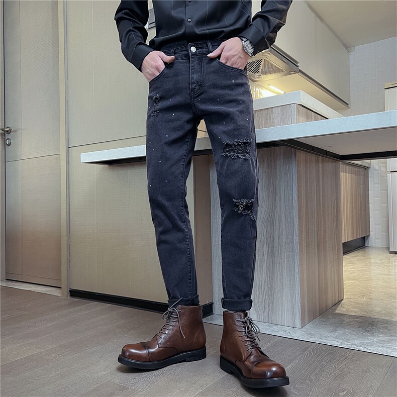 B230黑色破洞刮烂泼墨甩漆修身小脚牛仔裤男长期备货款6C009P85，男装牛仔裤，电商B230