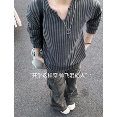美式高街千鸟格子长袖T恤男女亨利V领英伦雅痞休闲宽松长袖打底衫，男装T恤，电商A486