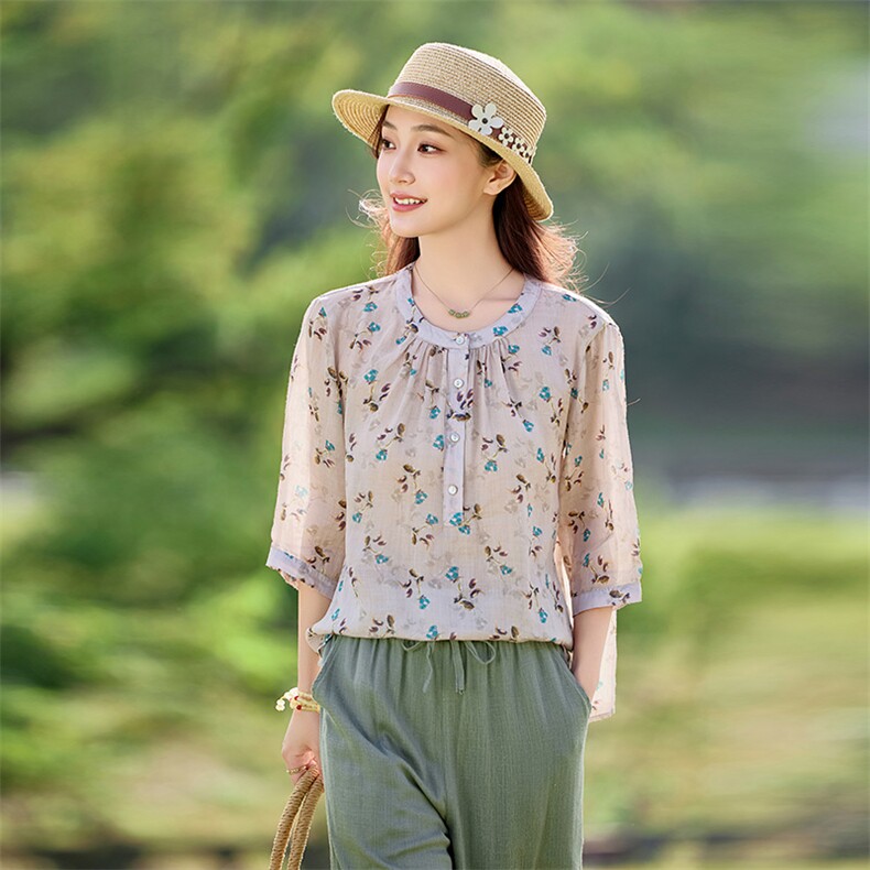 2026年春季文艺风短袖宽松薄苎麻，女装衬衫，江南依恋